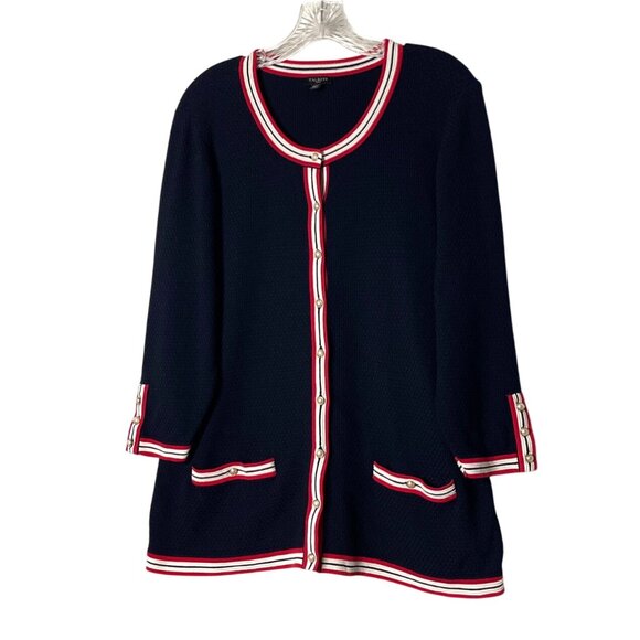 Talbots Womans Sz 1X Navy Textured Cardigan with Red & White Trim Pearl Buttons - Picture 6 of 6